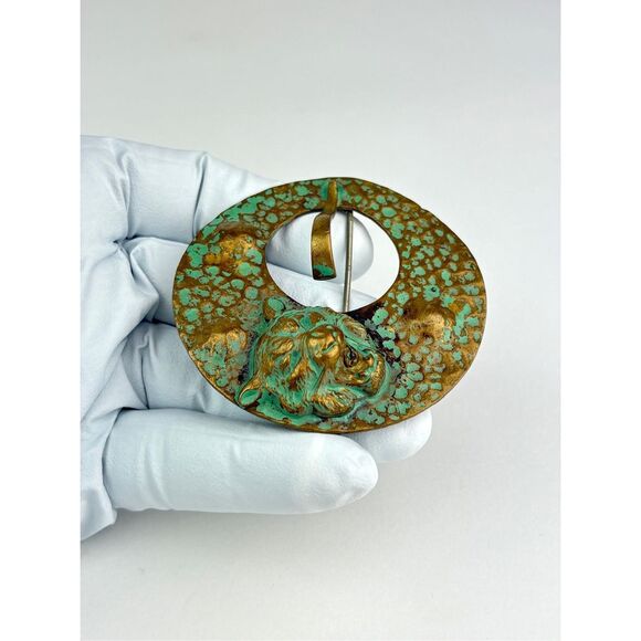 Antique JHP Arts & Crafts Hand Wrought Hammered Bronze Tiger Patina Brooch Pin X - Picture 4 of 8